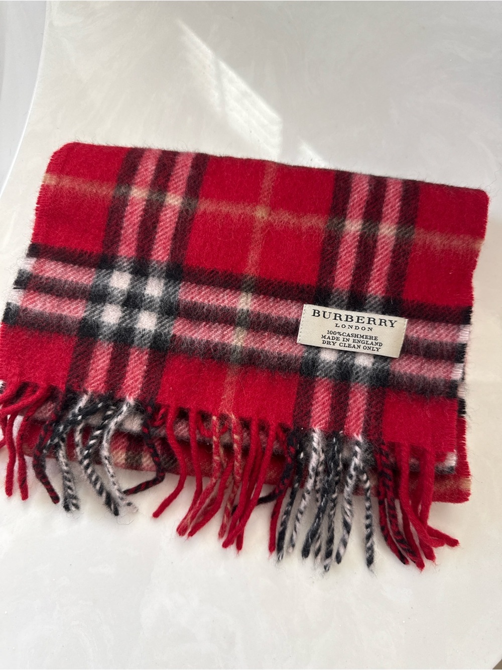 Burberry Red and Black Plaid Cashmere Fringe Scarf